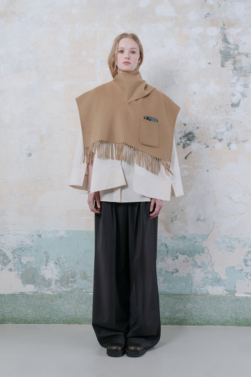 Double-faced wool-blend fringed muffler poncho