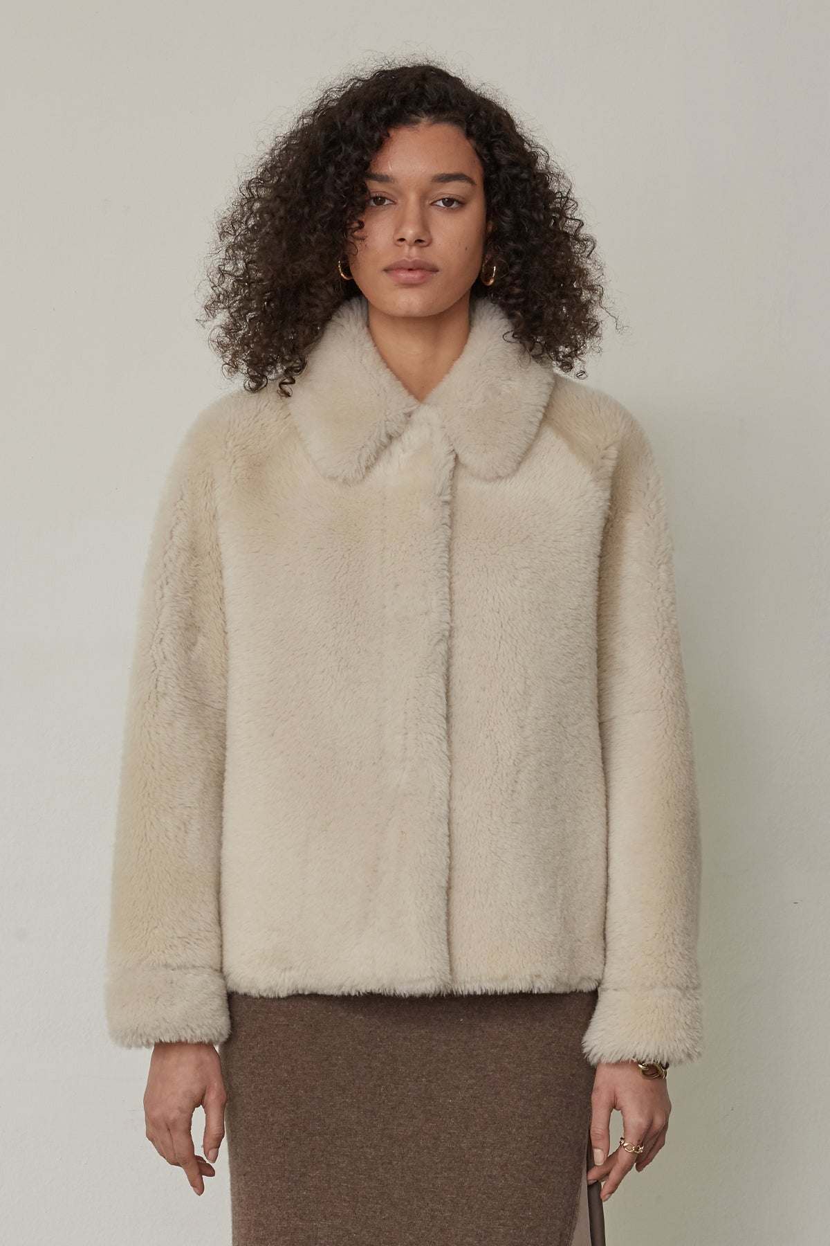 Shearling leather dolman sleeve jacket –