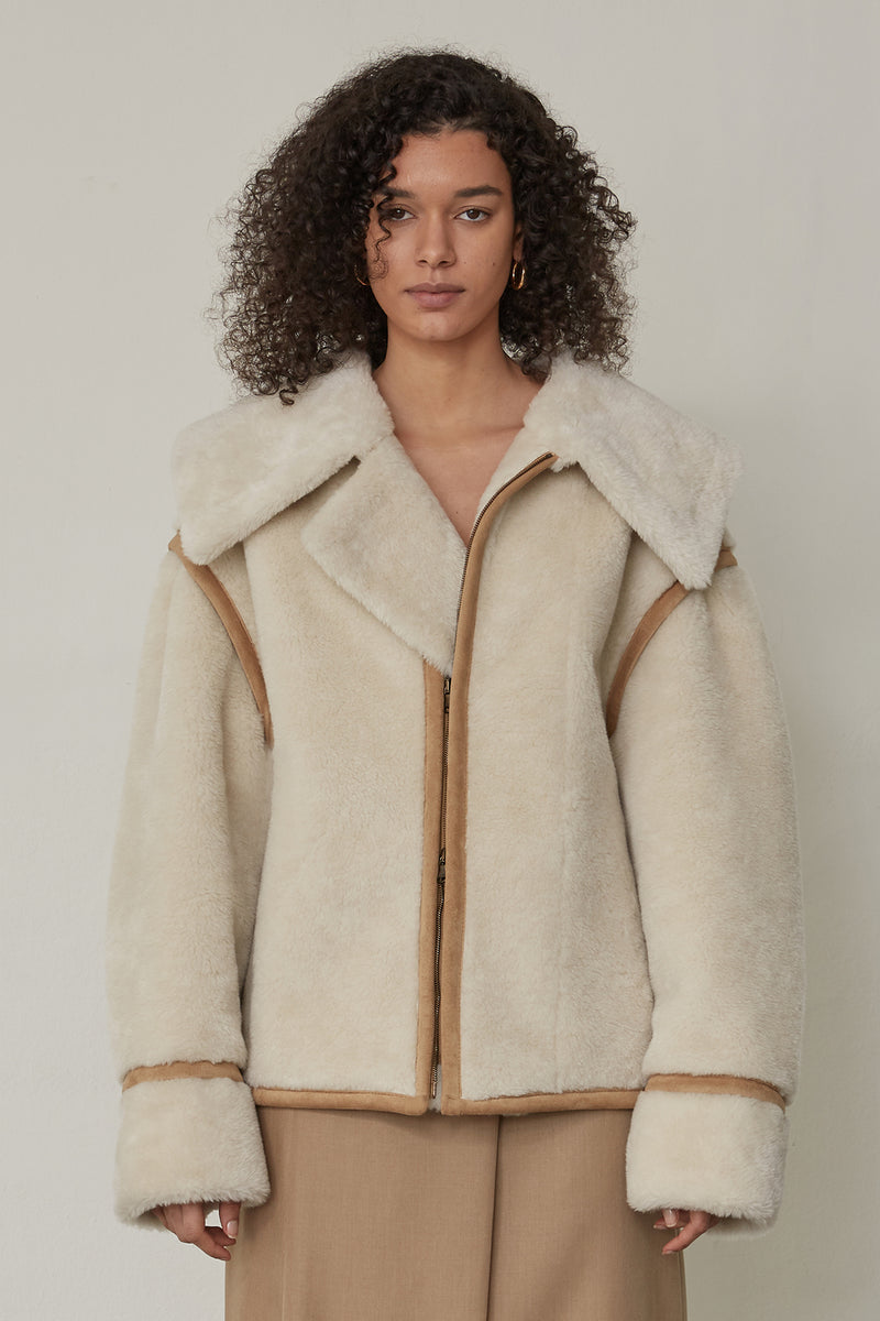 Faux shearling suede wool-blend aviator jacket