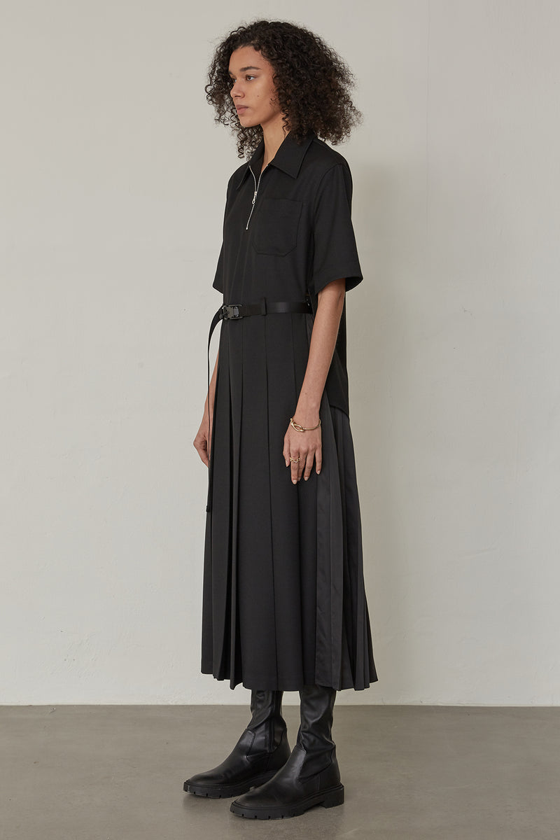 Double-layer pleated panelled shirt dress