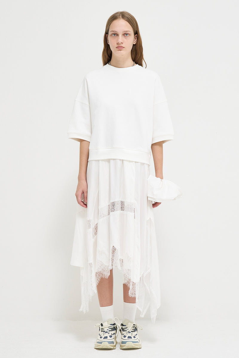 Half-sleeved sweatshirt and charmeuse skirt layering dress – GOEN.J