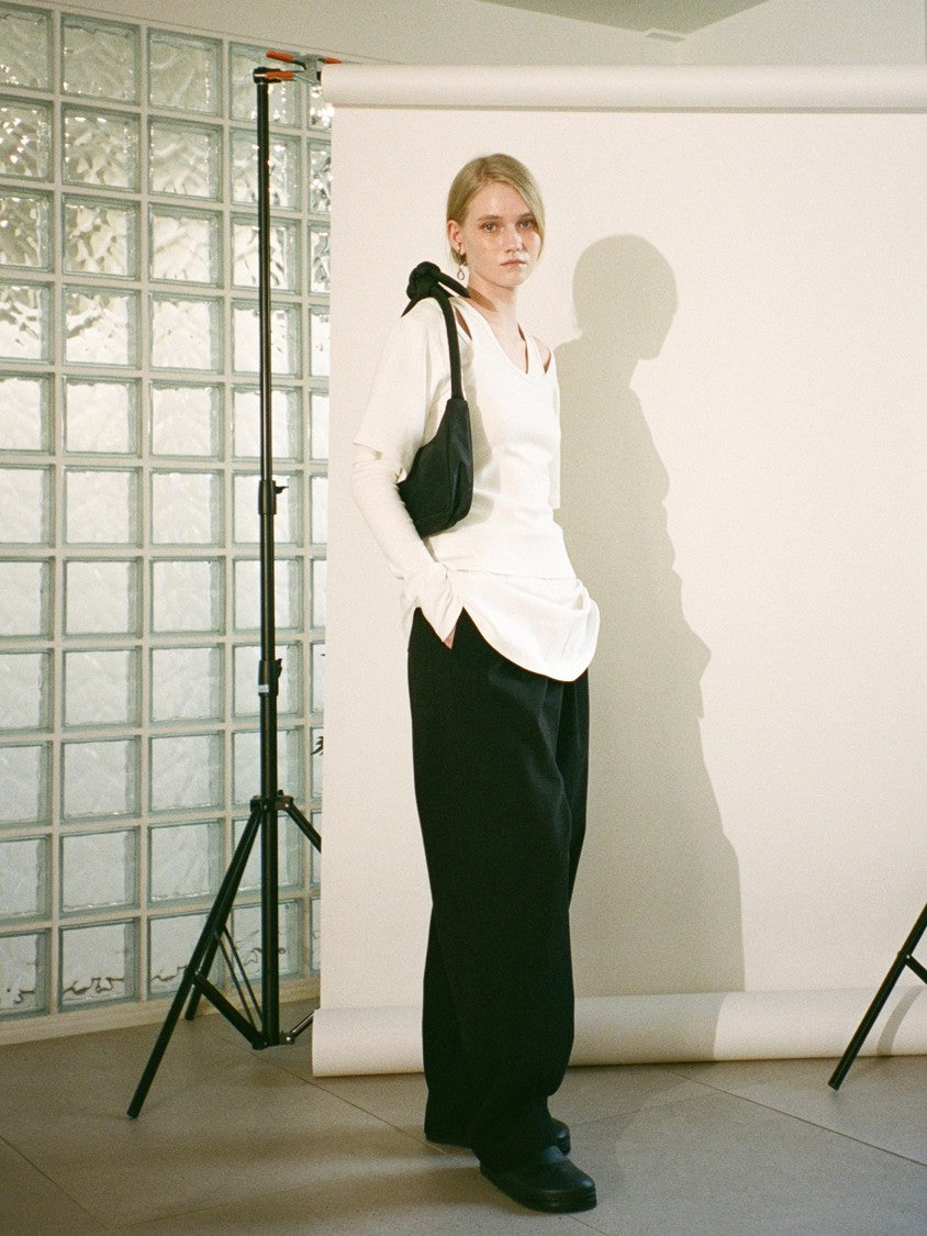 ウェア domingo POLY STRETCH MESH LONG PANTS L Women High Waist Sexy See Through Ruffle Wave Wide Leg