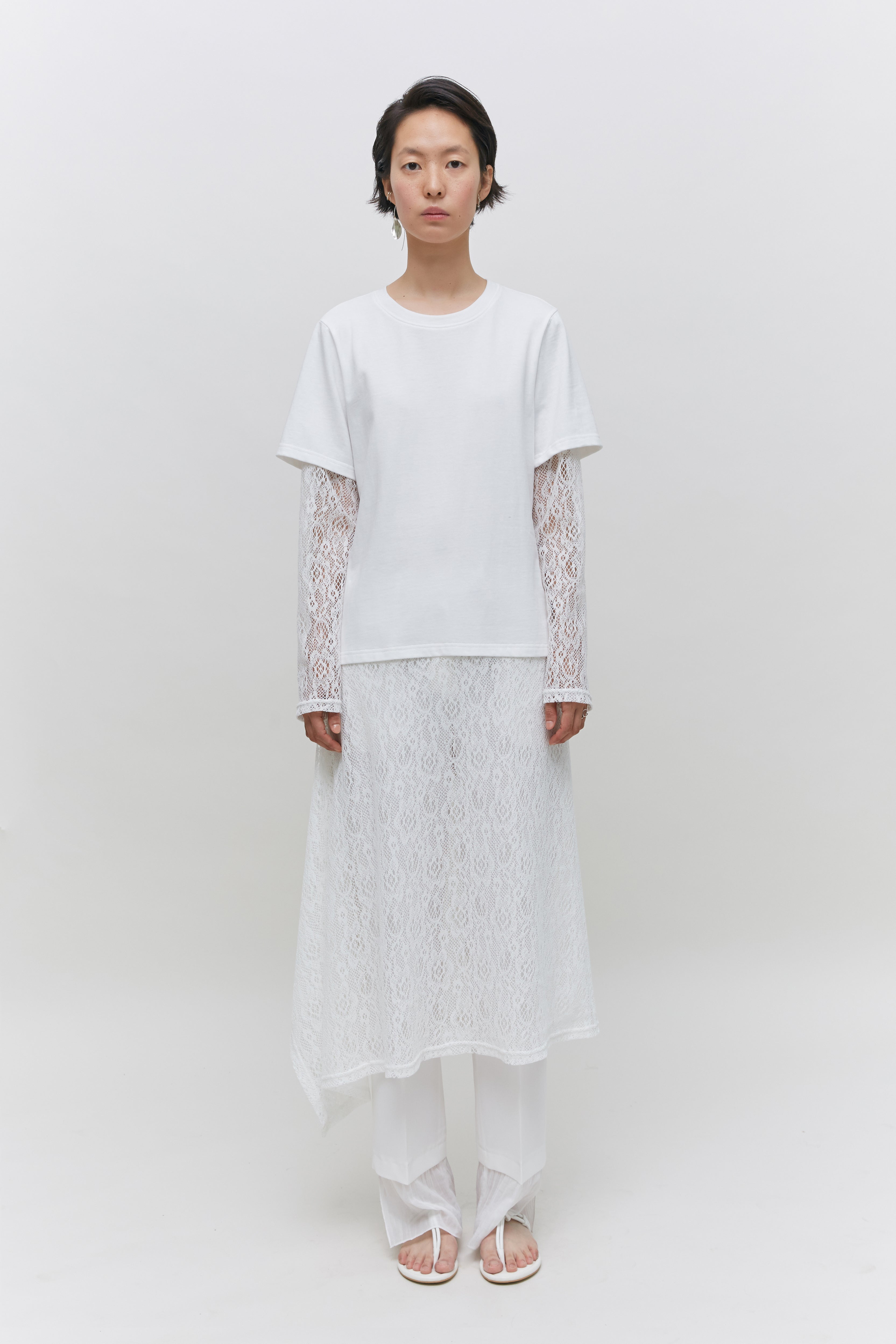 Double-layered crochet knitted lace and cotton jersey top dress GOEN.J Double-layered crochet knitted lace and cotton jersey top dress GOEN.J