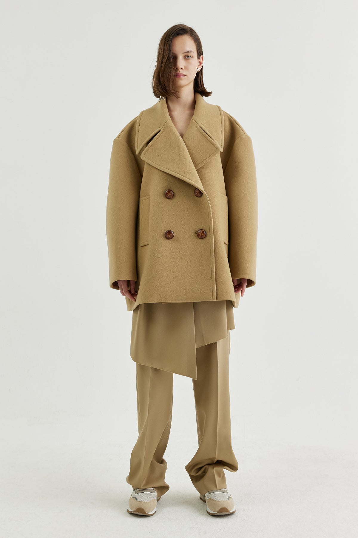 Oversized double-breasted wool pea coat - BEIGE / OS