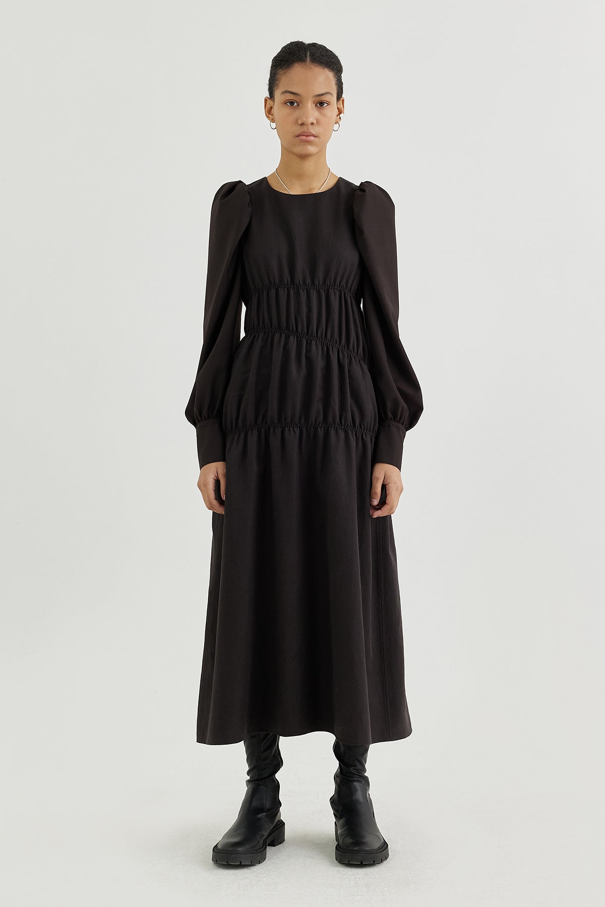 ruched puff sleeve midi dress Square Neck Puff Sleeve Ruched Bust Midi Dress, White / XS