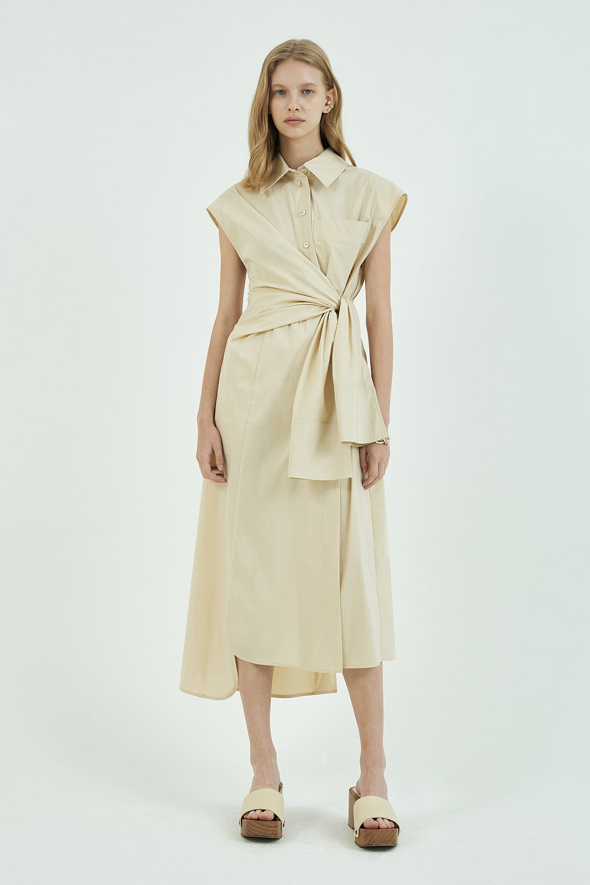 Self-tie belted french-sleeve shirt dress –