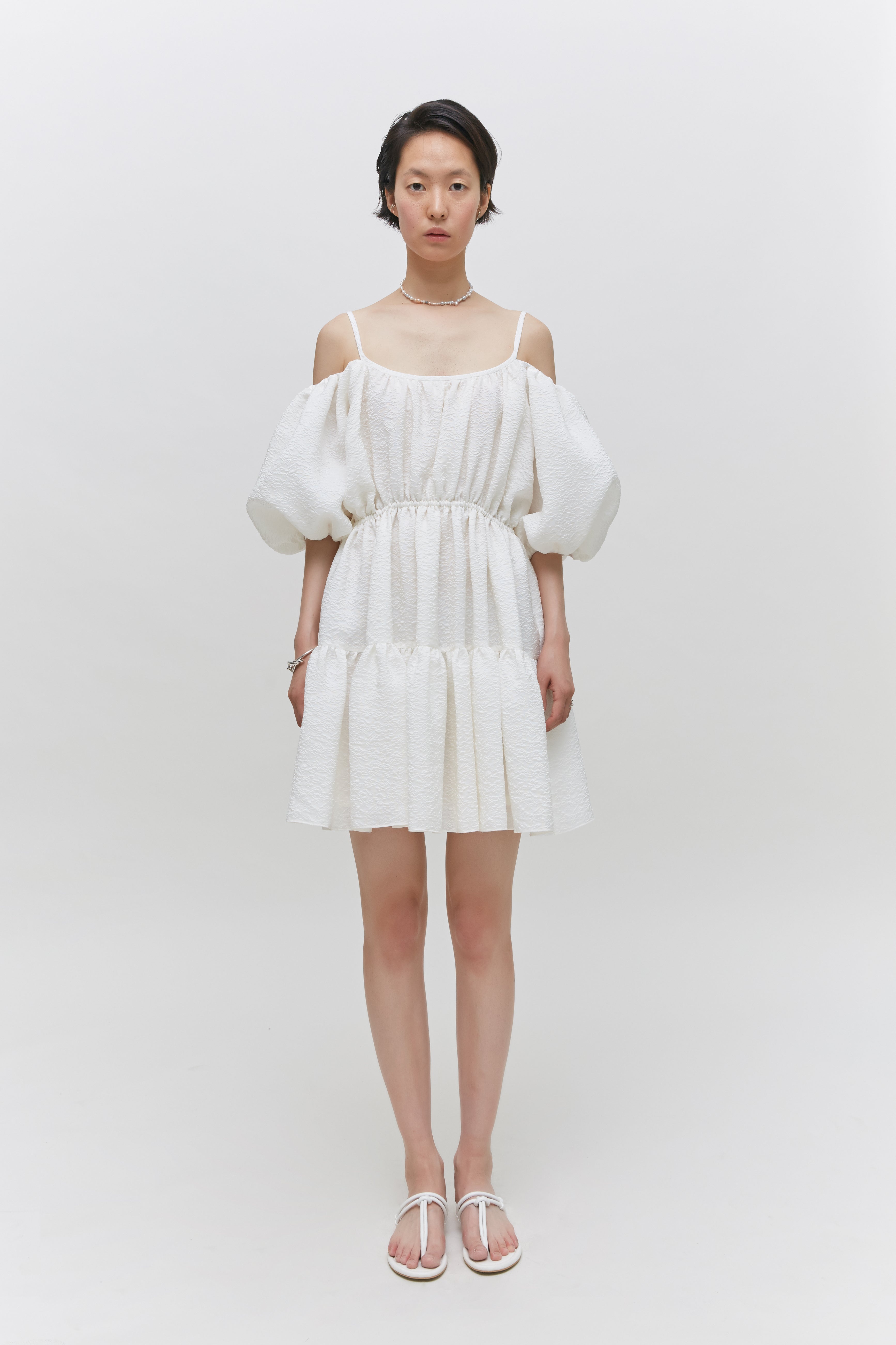 Balloon sleeved gathered silk-blend matelassé mini dress - IVORY / S