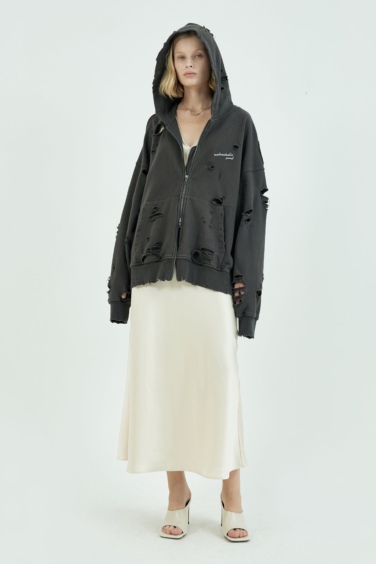 Black Ripped Embroidered Hooded Sweatshirt Vintage Hoodie