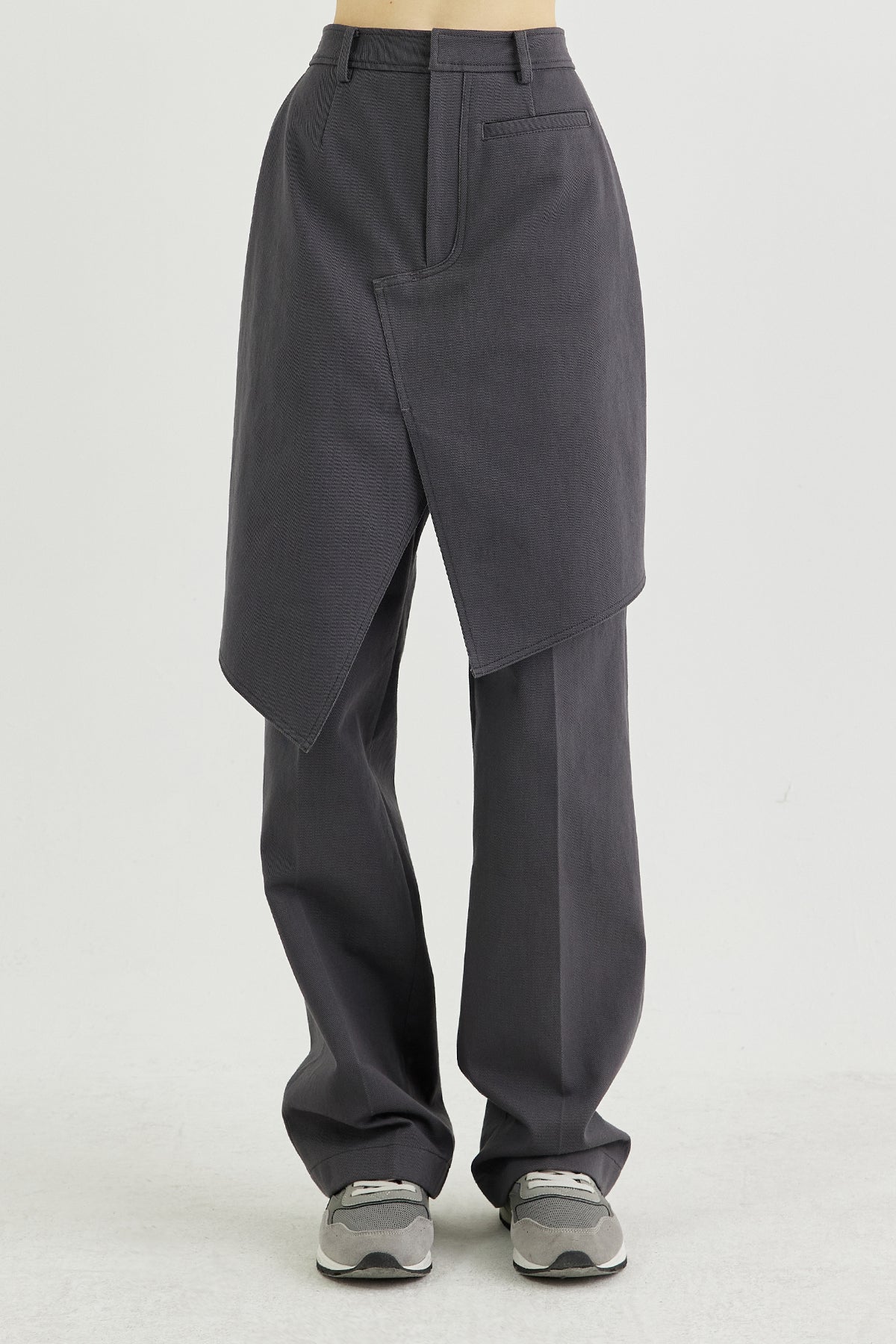Front layered wrap skirt paneled cotton-twill straight-leg pants
