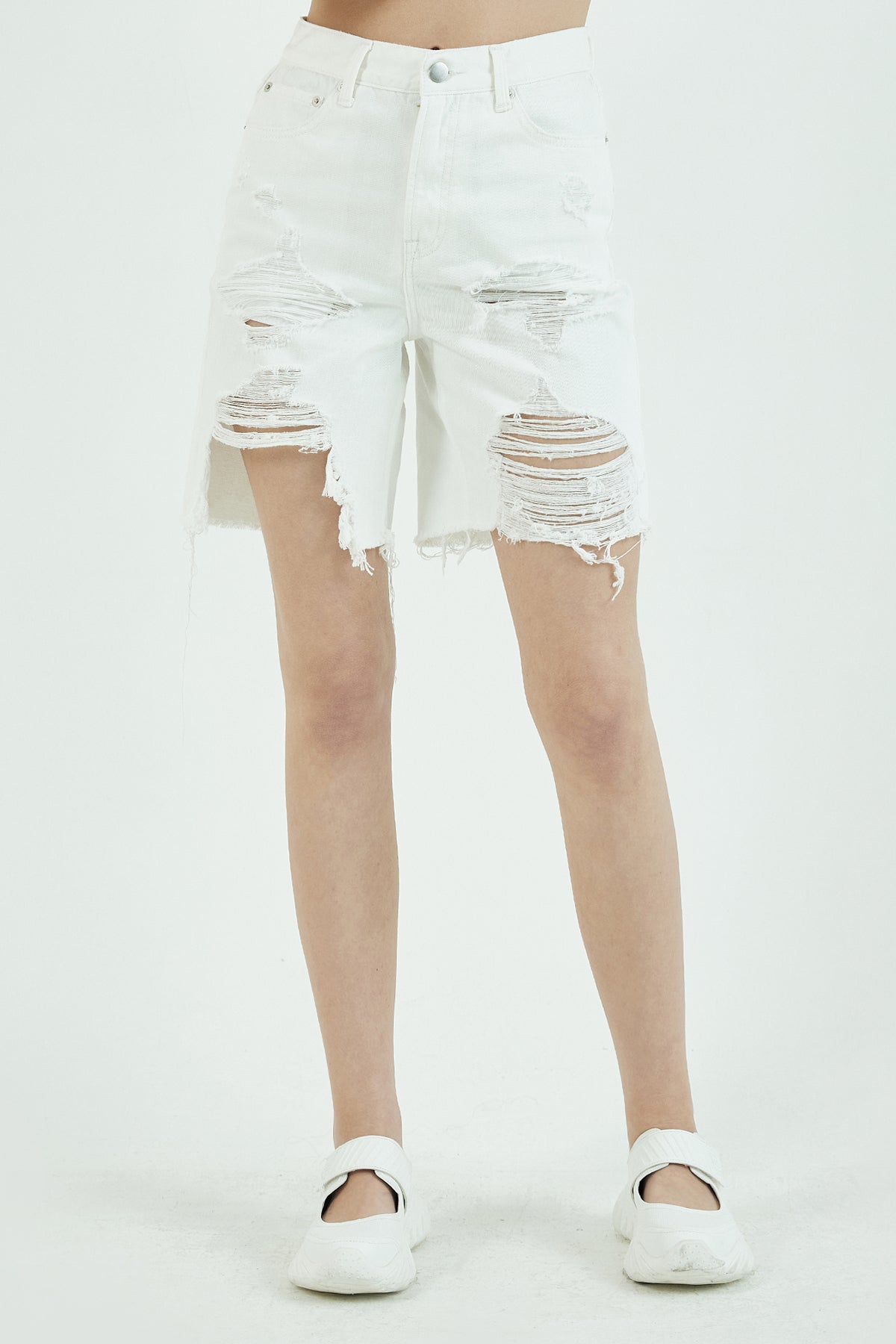 Wide-Leg Distressed Denim Shorts