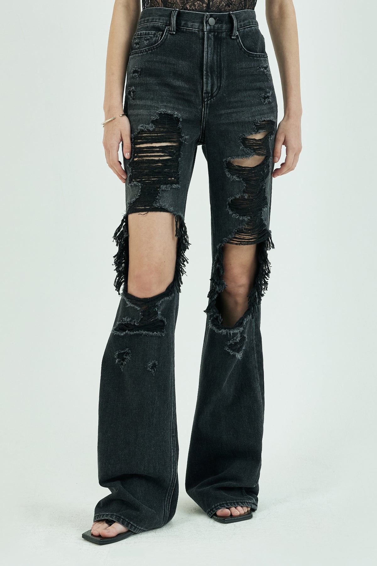 Ripped wide-leg full length jeans - STONEWASH BLACK / S