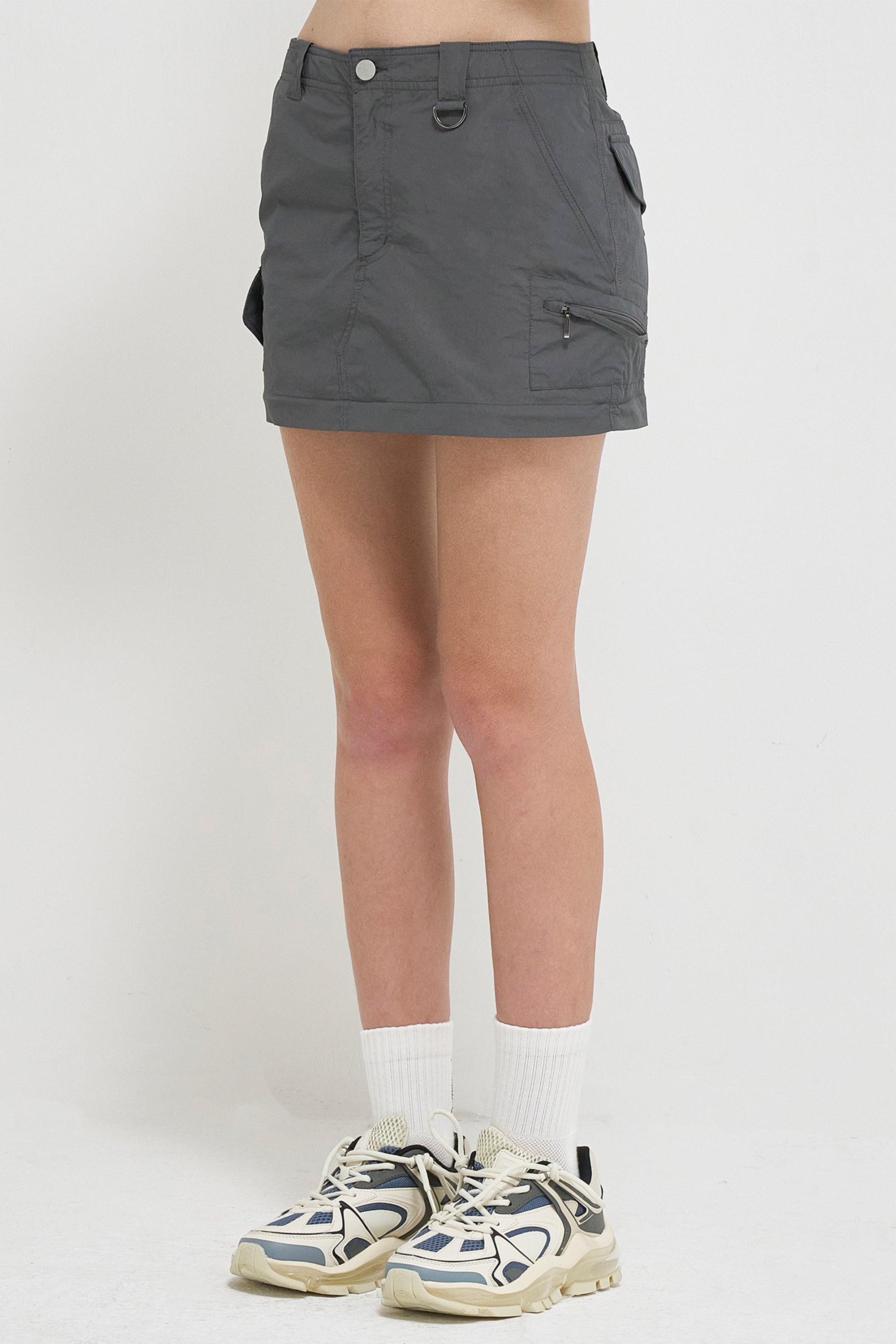 Kinghua Women's Mini Jean Cargo Skirt - Grey Denim With Cargo Pockets, Adjustable Belt, XX-Large